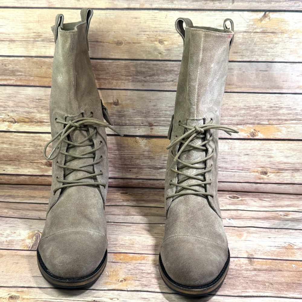 Chocolat Blu Womens Taupe Suede Leather Mid-Calf Lace-Up Cap Toe Boots 37/7 - Picture 3 of 9